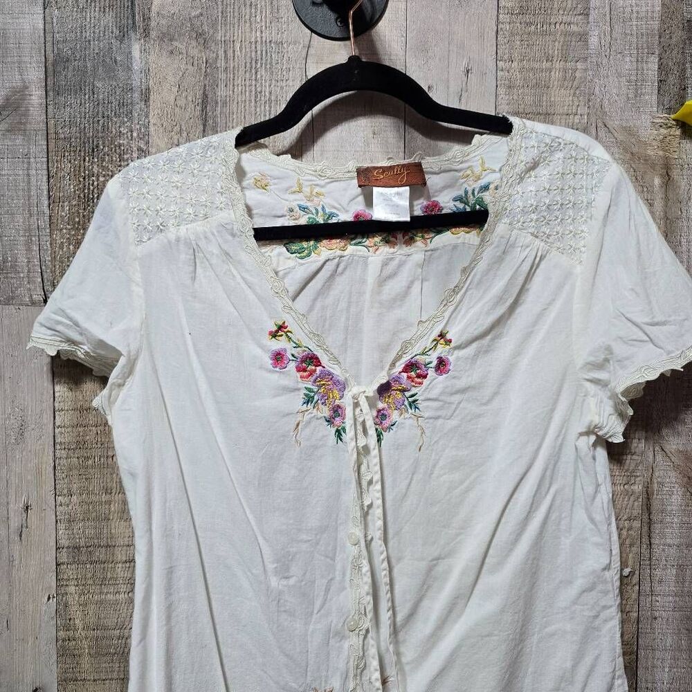 Scully Honey Creek Cream Floral Embroidered Blouse Large Boho Colorful Trendy - Picture 3 of 8